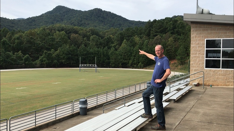 Jerry Stensland points at Little White Oak Mountain