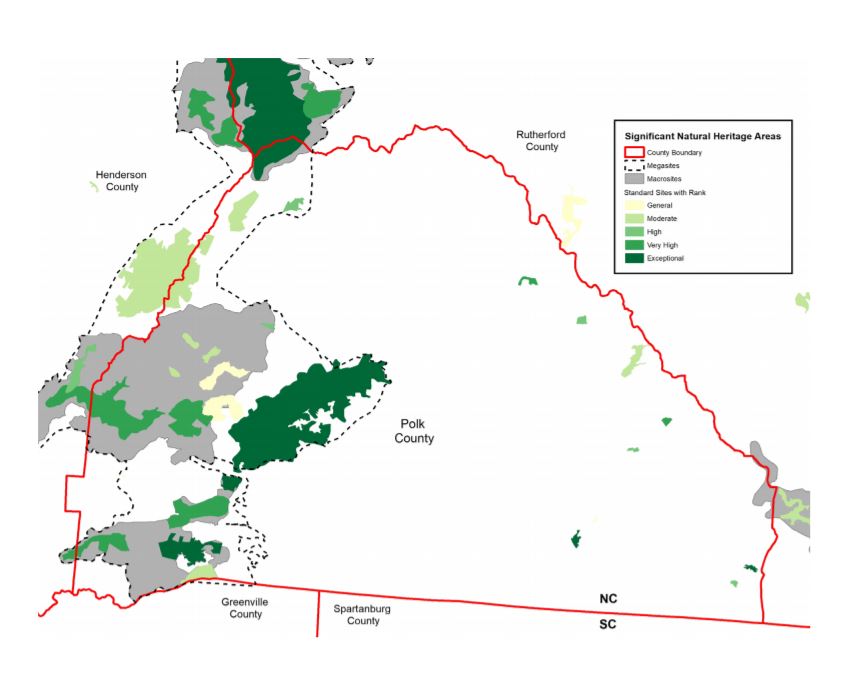 Map of Significant Natural Heritage Areas in Polk County, NC