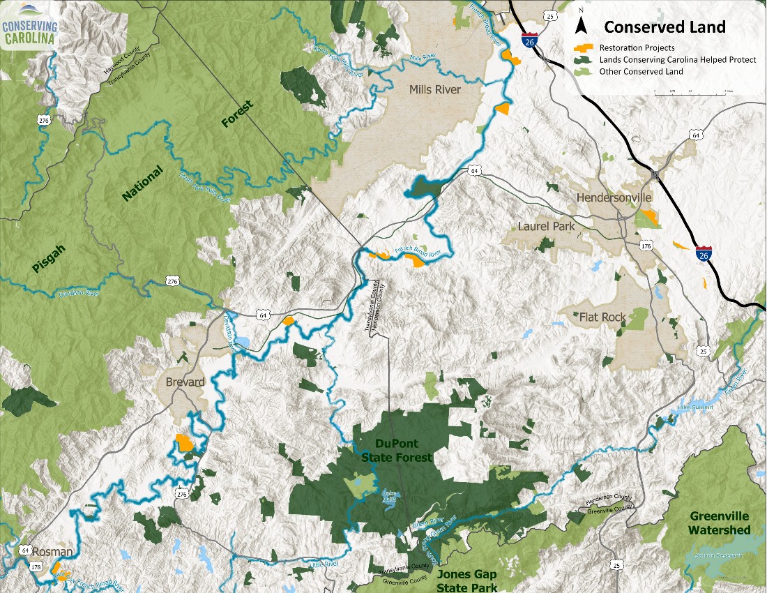 Map of Conserving Carolina restoration projects along the French Broad River
